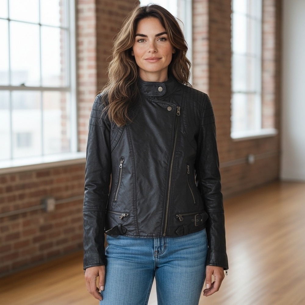 We The Free Moto Jacket Womens Black Vegan Leather Quilted Biker Edgy Medium